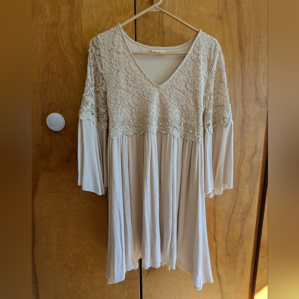 easel Lace Yoke V-Neck Bell Sleeve Dress in Beige